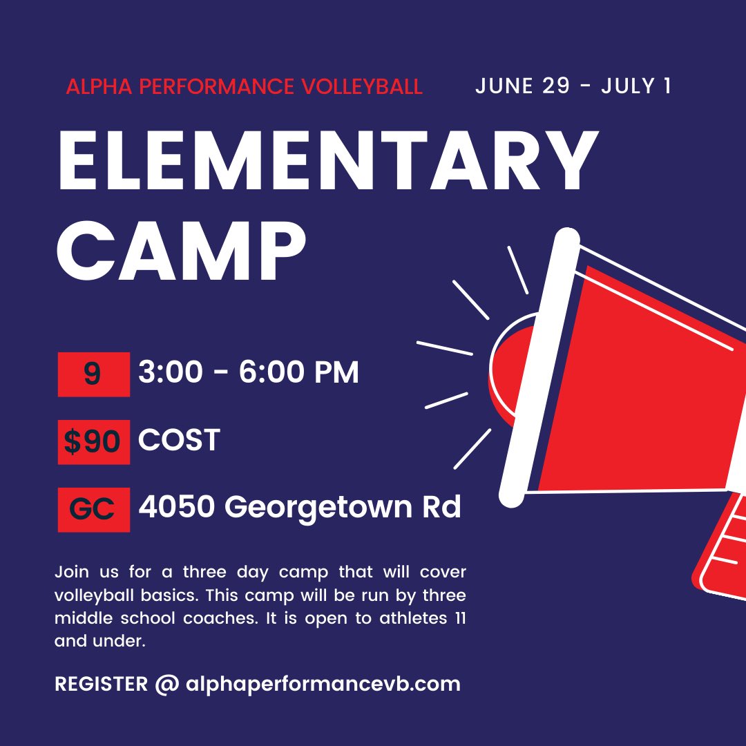 AlphaPerformVB's tweet photo. Elementary Camp is next week! Camp is open for all athletes 11 and under. Campers will learn basic volleyball fundamentals for all skills! Registration can be found at https://t.co/fr43V9N8L4 https://t.co/z6ls8pWsza