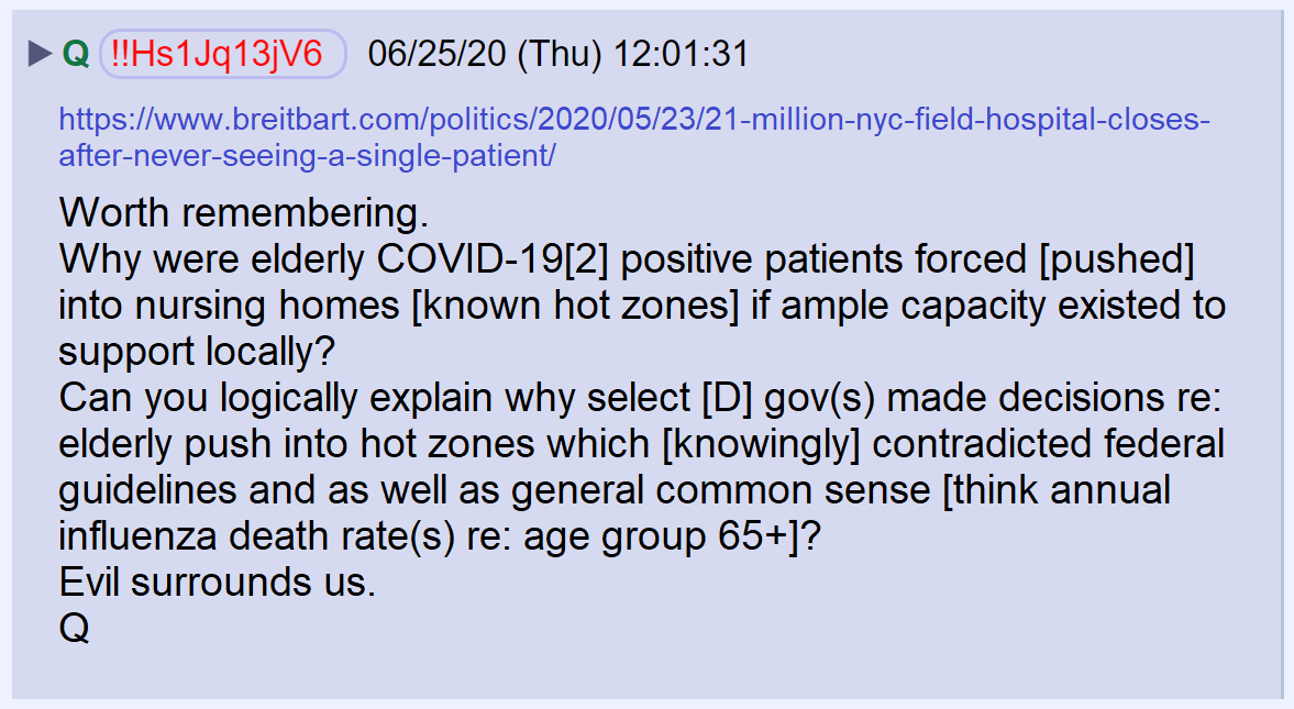 72) Why did New York Governor Cuomo mandate the transfer of covid positive patients to nursing homes when it was known that the elderly are most at risk and there were other facilities available?
