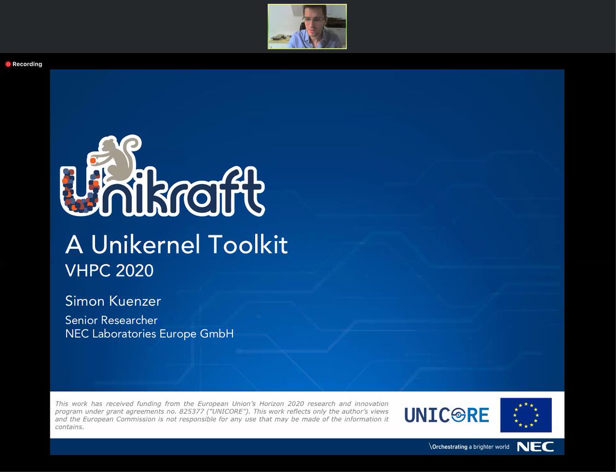 UnikraftSDK's tweet photo. Simon Kuenzer presenting @Unikraft at #ISC20 Workshop on Virtualization in High­-Performance Cloud Computing (#VHPC) https://t.co/GHeEqikMJ2