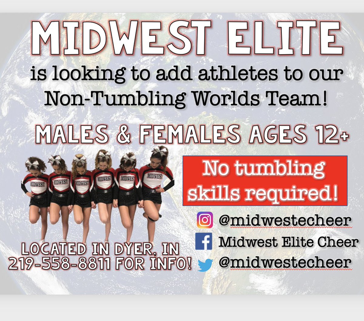 MidwestECheer's tweet photo. Midwest Elite is looking to add athletes to our Worlds Team! No tumbling requirements! Males & Females ages 12 +, Call 219-558-8811 for information! #Le6ends #midwestelite https://t.co/AkmZSdTcQG