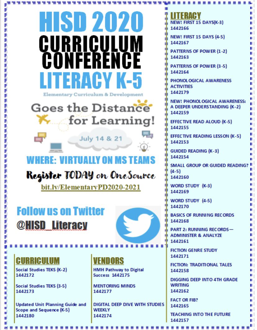 HISD_RLAELEM's tweet photo. Register now via OneSource for our Summer 2020 Curriculum Conference! https://t.co/3KbfmHEAQa