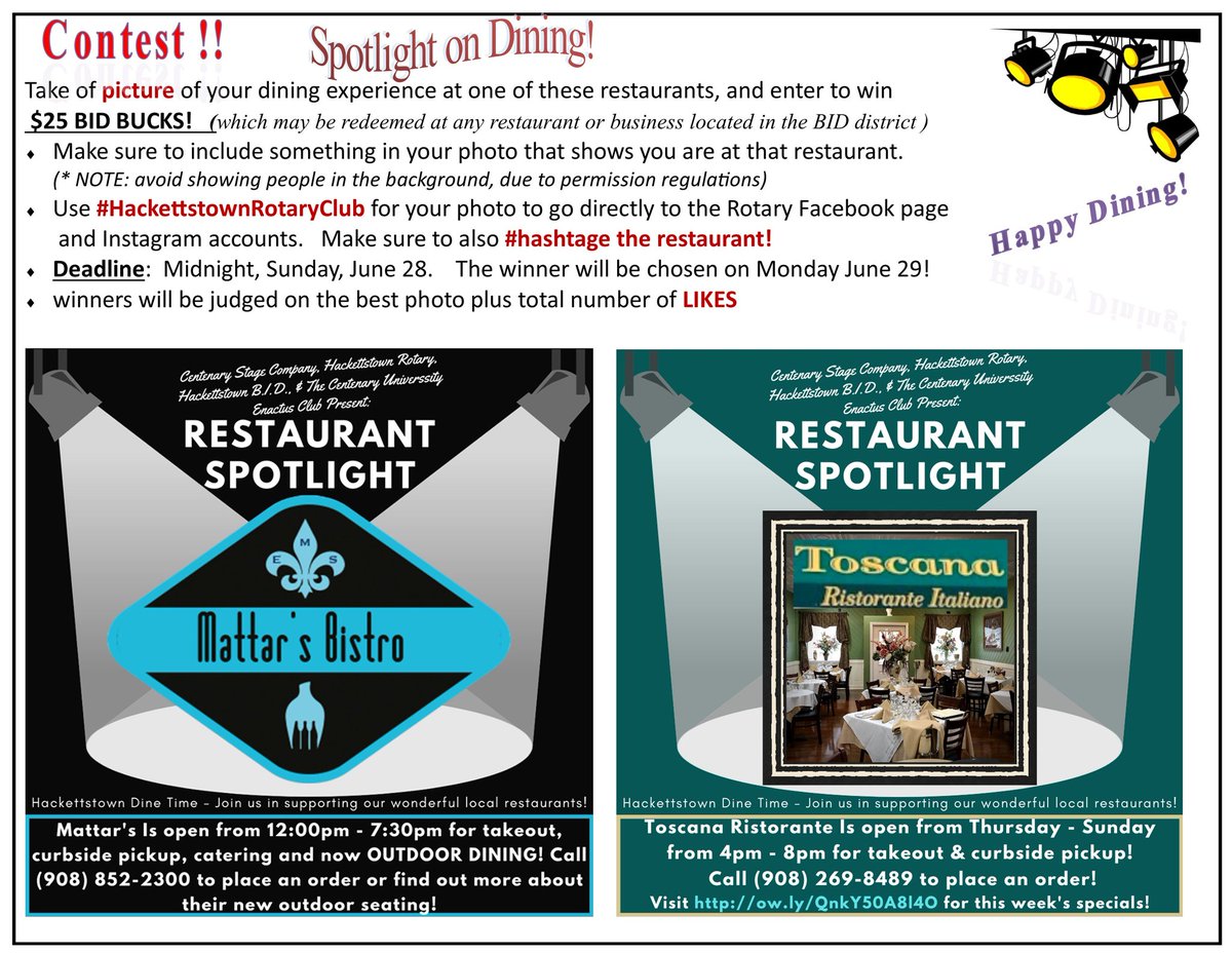 drpoisseroux's tweet photo. Spotlight on these two great Hackettstown restaurants. Please support them and take a photo of your experience or food for a chance to win $25 in Hackettstown  BID bucks. See flyer for details
#mattars #Toscanasnj #hackettstownrotaryclub https://t.co/TgAbqwp2fH