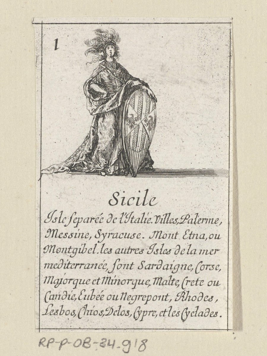 jdmccafferty's tweet photo. This print is part of a 52-card deck depicting countries/continents as women.

The series was made by Jean Desmarests de Saint-Sorlin on behalf of Cardinal Mazarin. The card game was created for the young Louis XIV. Here's #Sicily.

(Rijksmuseum) https://t.co/D91mrJ2ed5