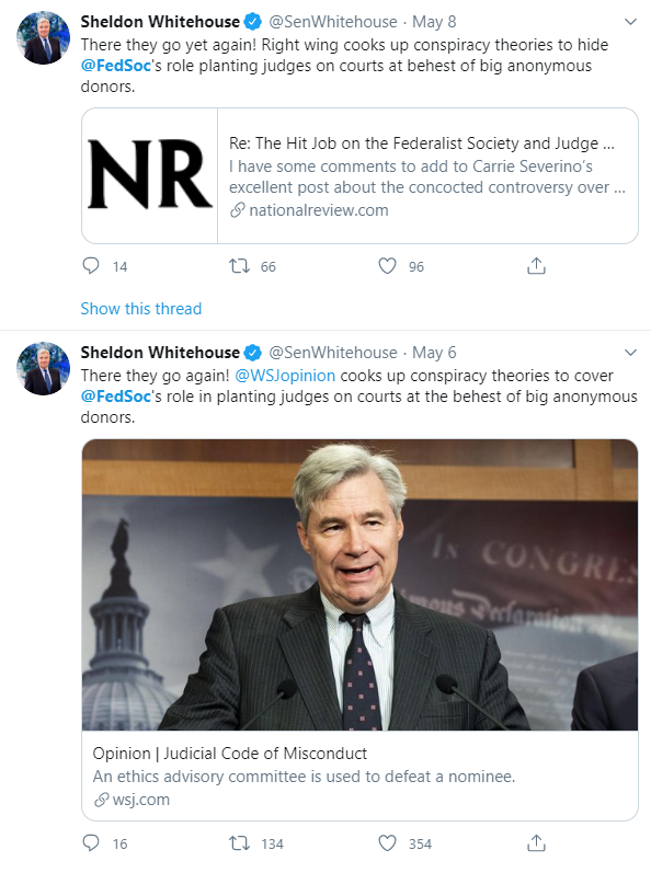 It doesn't get more obvious than seeing how many times Sheldon Whitehouse goes after the federalist society that he's PROJECTINGHe's covering up his own big money scheme to get judges to do his bidding by accusing other people of itNOT ANYMORE YOU CROOK