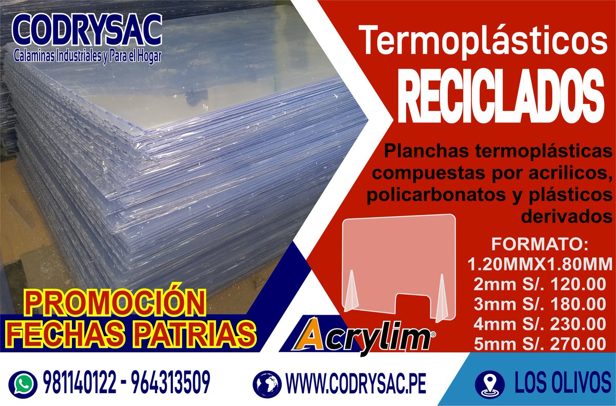 codrysac's tweet image. TERMOPLÁSTICOS RECICLADOS

Planchas termoplásticas compuestas por acrílicos, policarbonatos y plásticos derivados.

FORMATO:
1.20MMX1.80MM
2mm S/. 120.00
3mm S/. 180.00
4mm S/. 230.00
5mm S/. 270.00
promocion por fechas patrias
981140122 - 964313509