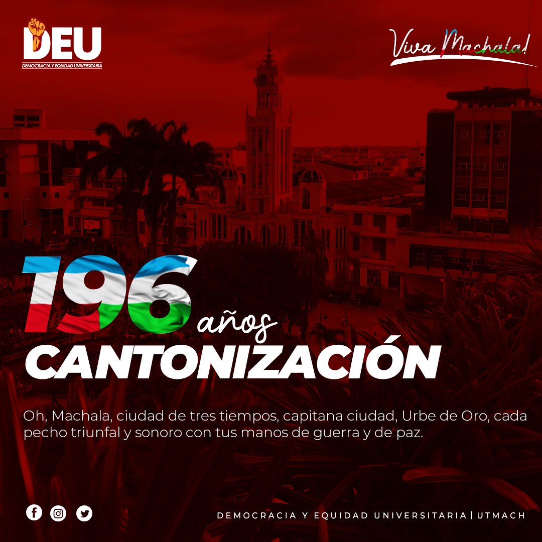 deu_utmach's tweet photo. Saludamos a Machala en sus 196 años de Cantonización.
Sabemos que no son tiempos para celebrar, pero ahora más que nunca es importante seguir unidos. ¡Viva Machala! 🙌🏼. https://t.co/O4hDeDZTcU