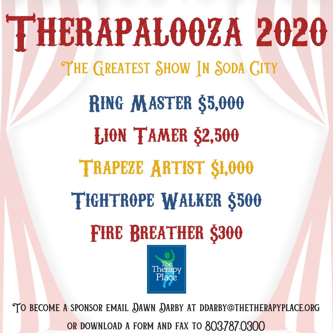 therapyplaceinc's tweet photo. Interested in lending a helping hand?🤝 You, your business, your family or organization can become a sponsor 🥳 of Therapalooza: The Greatest Show in Soda City! 🎪
https://t.co/46J4ObC03h
#Therapalooza2020 #SupportTTP #GreatestShowinSodaCity #sodacitycircus #MiraclesinMotion https://t.co/5hQk2FIbdd