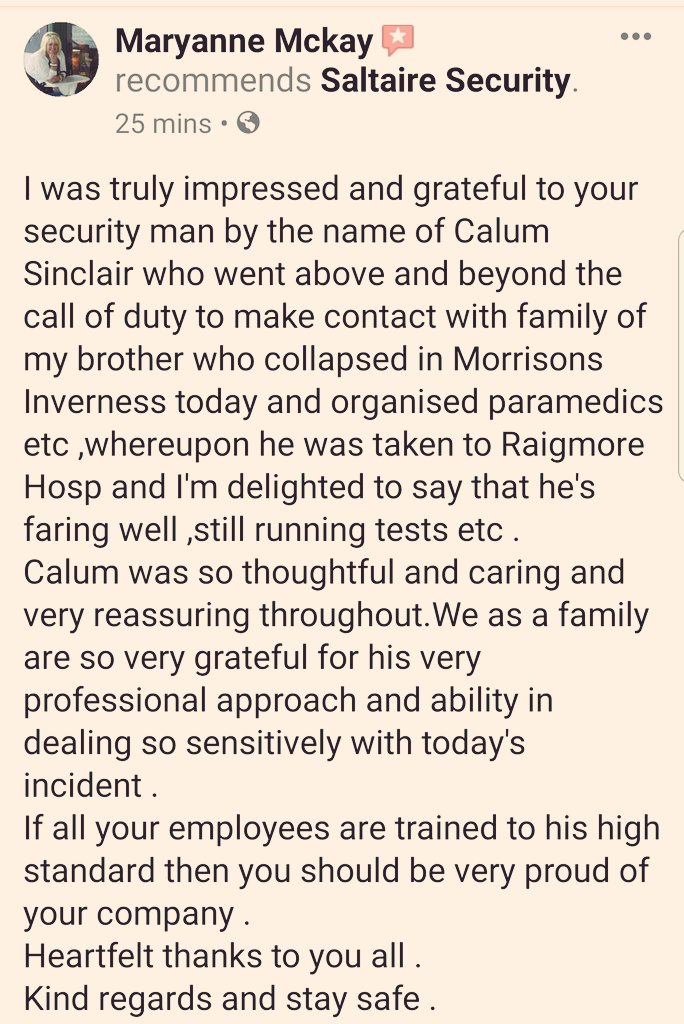 saltaire_securi's tweet photo. A lovely review and recommendation which says it's all. A huge well done and thank you Calum👍
#DoingItOurWay with #Security trained in #FirstAid and #worldhost. "Its what makes us different"
https://t.co/R3QbZRHhS6 https://t.co/ba9i3JGdJN
