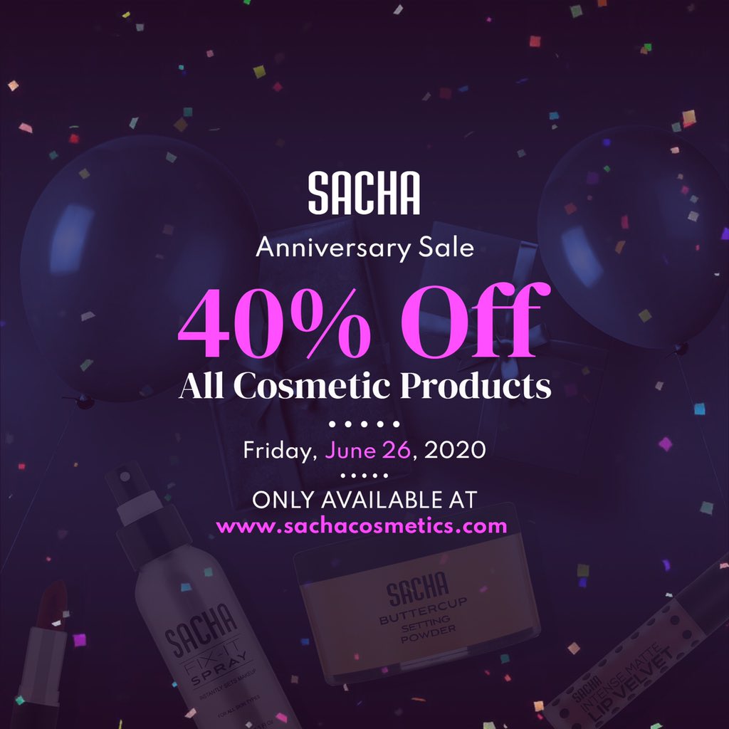 It's that time again! Our Anniversary SALE!
40% OFF ALL Cosmetic Products 💃
*This sale is ONLY available online on shopsacha.com for T&amp;T customers and sachacosmetics.com for international customers. Happy Shopping!

#SachaCosmetics #ShopSacha #AnniversarySale