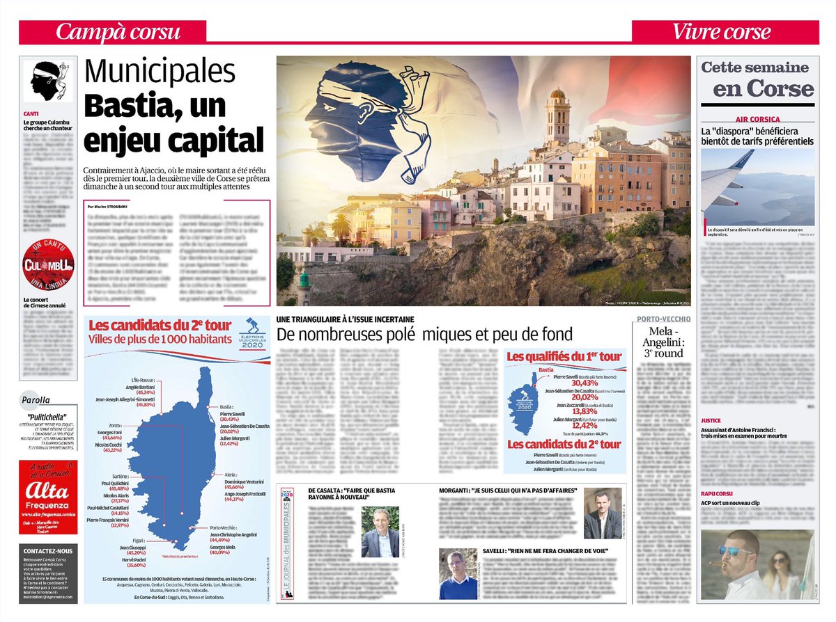 MarineStromboni's tweet photo. Comme chaque vendredi, c’est #Campàcorsu demain dans @laprovence ! Cette semaine, zoom sur les #Municipales2020 à @Cita_Bastia sans oublier @VilledePVecchio mais aussi un futur dispositif @aircorsica pour la #diaspora. @PierreSavelli @jsdecasalta @Morgantij @JC_Angelini #corsica https://t.co/lRqkugaDqG