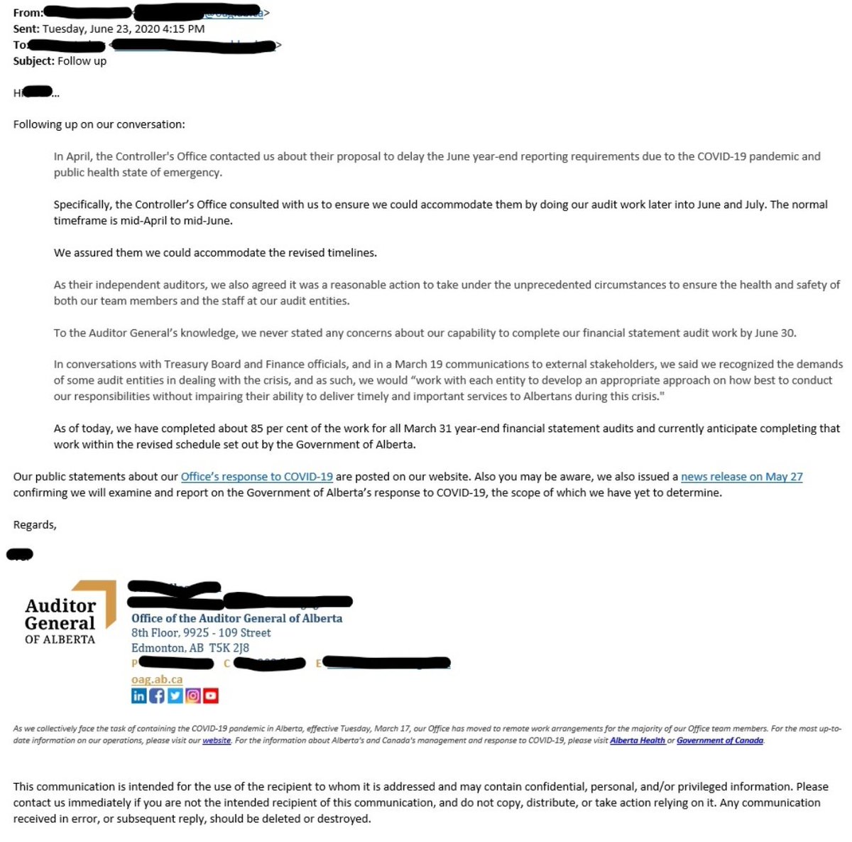 RachelNotley's tweet image. On June 22 I asked the Premier why he was delaying his annual financial report to the end of August. 

The Premier claimed it was because the Auditor General said they couldn't produce the report.

According to emails we received from the AG's Office, the Premier lied. #ableg