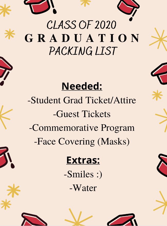 Do you have a graduate who is confused about what they need to attend graduation? Is your family bugging you about getting everything ready for tomorrow? Here’s a little packing list :) 
<a href="/CENTRALSENI20RS/">the seniors</a>