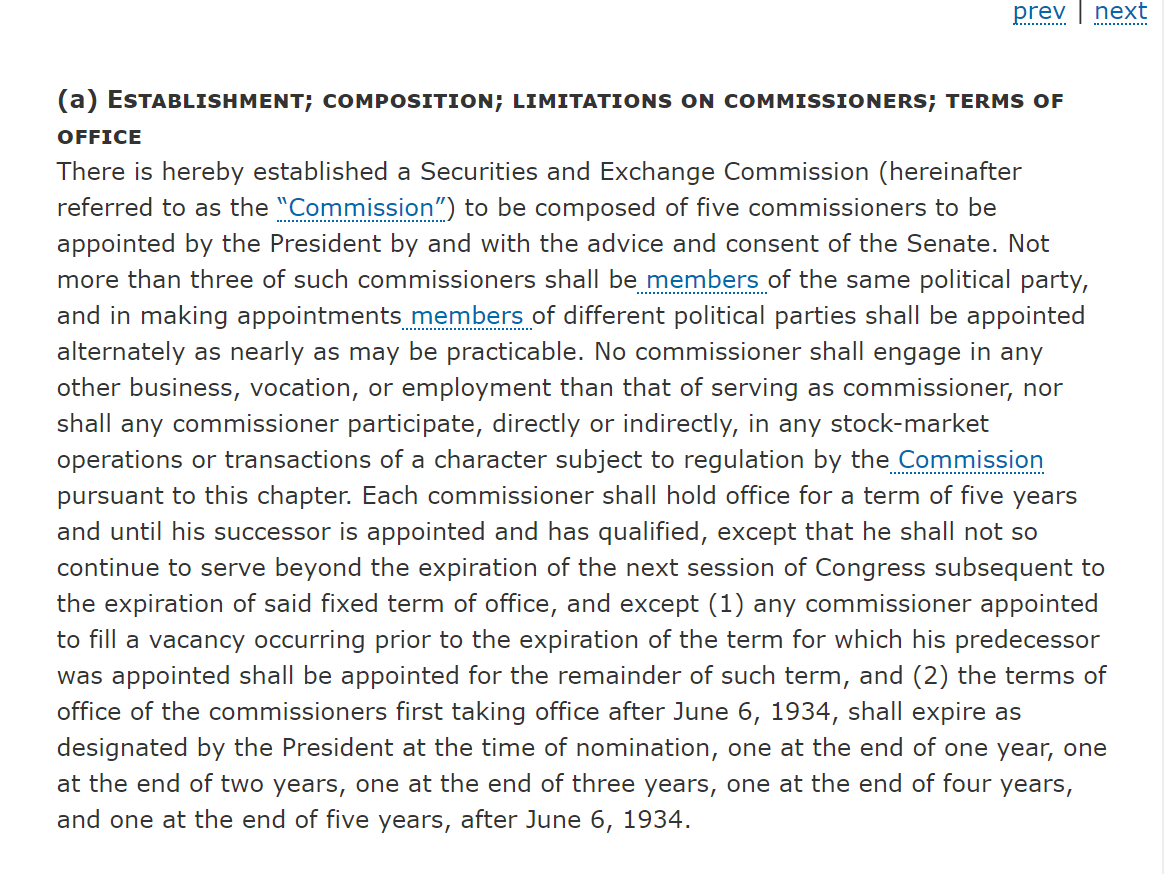 First off. Jerry is right. 15 U.S.C. 78d establishes the Commission and says it will have five Commissioners. Some other sections reference a Chairman but the establishment clause never discusses a chairman or how he/she should be picked or by whom. Amazing, no?