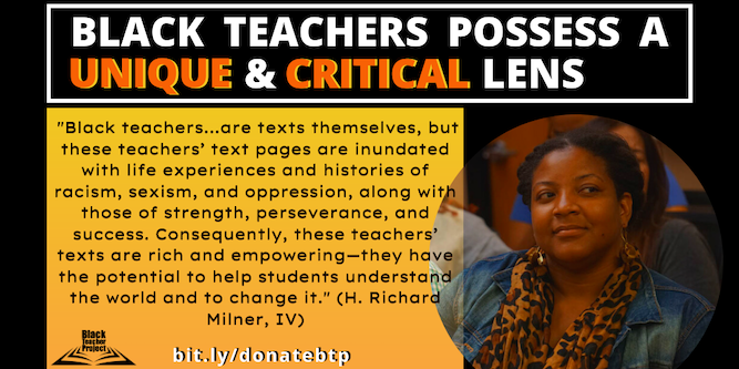 As Black teachers have experienced and navigated anti-Blackness as students and adults, they possess an inherent lens that is unique and critical to abolishing oppressive policies inside and outside of schools ✊🏿
Support us in supporting Black teachers @ blackteacherproject.org/donations!