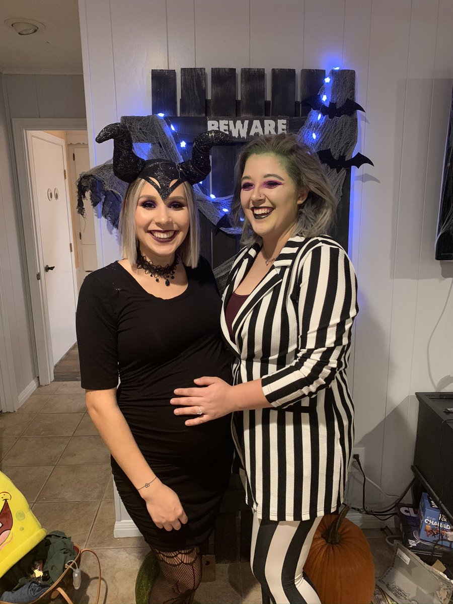 halley_Cakes's tweet photo. @trishapaytascal saw you were obsessed with Beetlejuice on TikTok so here is my beetlejuice costume from last Halloween thought you might appreciate. (Plus My friend who was super pregnant and had just gotten married like an hour earlier) https://t.co/7LmIjI0V1Z