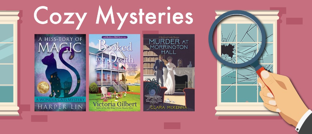 a series of bookcovers and a woman's hand holding up a magnifiying glasds to a broken window