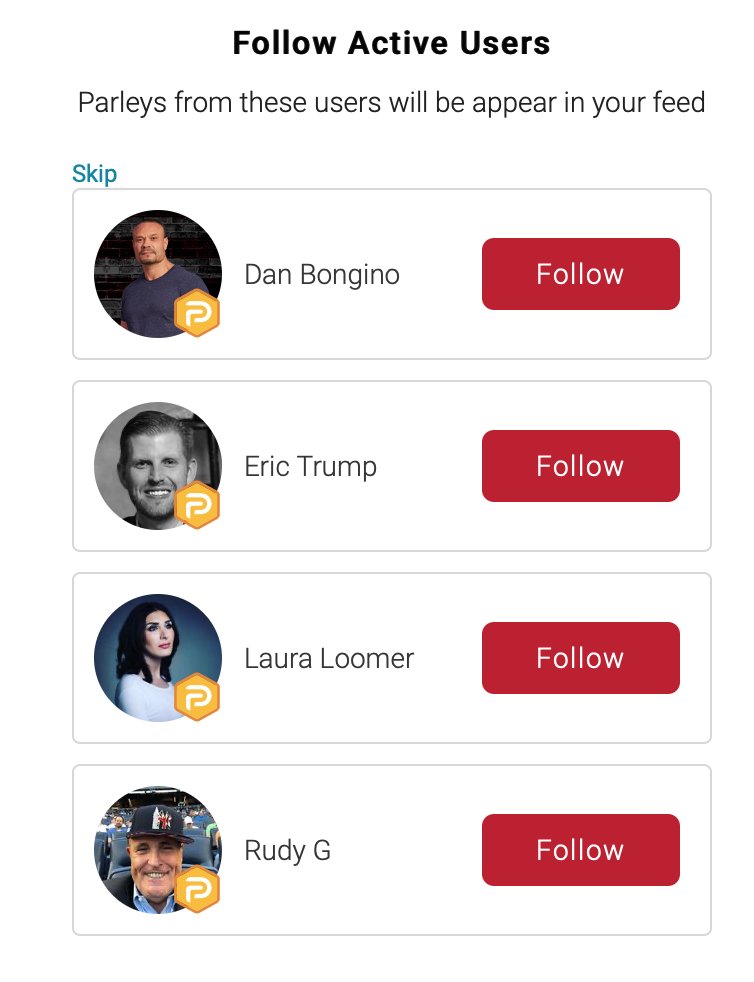 4/ The first thing Parler does when you sign up is give you recommendations for people and media companies to follow, and the options underscored Parler's commitment to the exchange of ideas across the political spectrum.