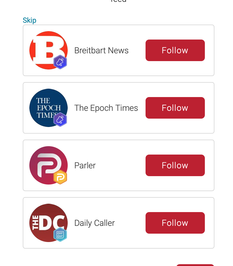 4/ The first thing Parler does when you sign up is give you recommendations for people and media companies to follow, and the options underscored Parler's commitment to the exchange of ideas across the political spectrum.