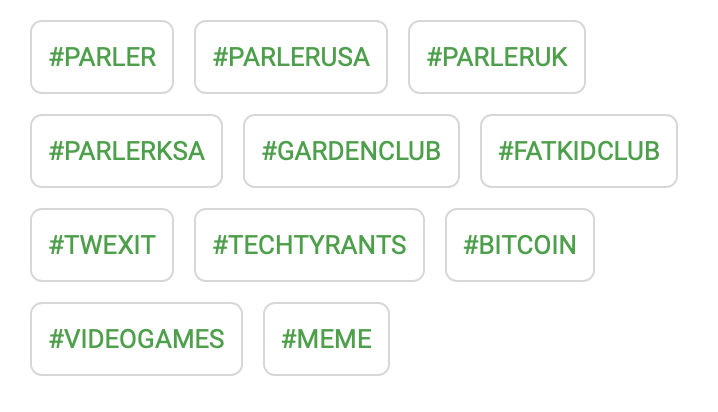 5/ Parler helpfully offers a range of subjects people on Parler are talking about. As it turns out, almost all of them are Parler (and Bitcoin because of course). But there were two that legit caught my eye:  #gardenclub &  #fatkidclub. I decided to check them out.