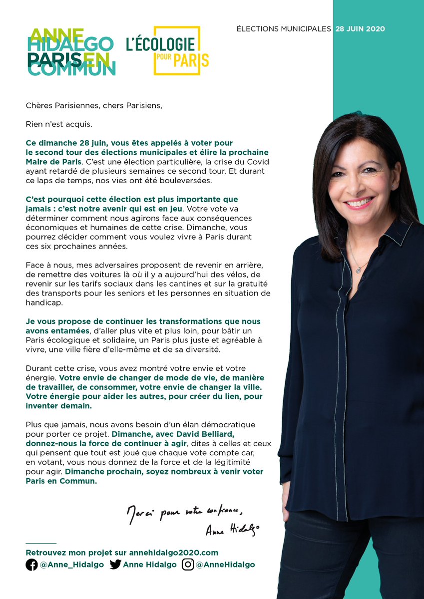 Anne_Hidalgo's tweet image. Ce dimanche, c’est le second tour des #Municipales2020. Retrouvez ma lettre aux Parisiennes et aux Parisiens. #Hidalgo2020