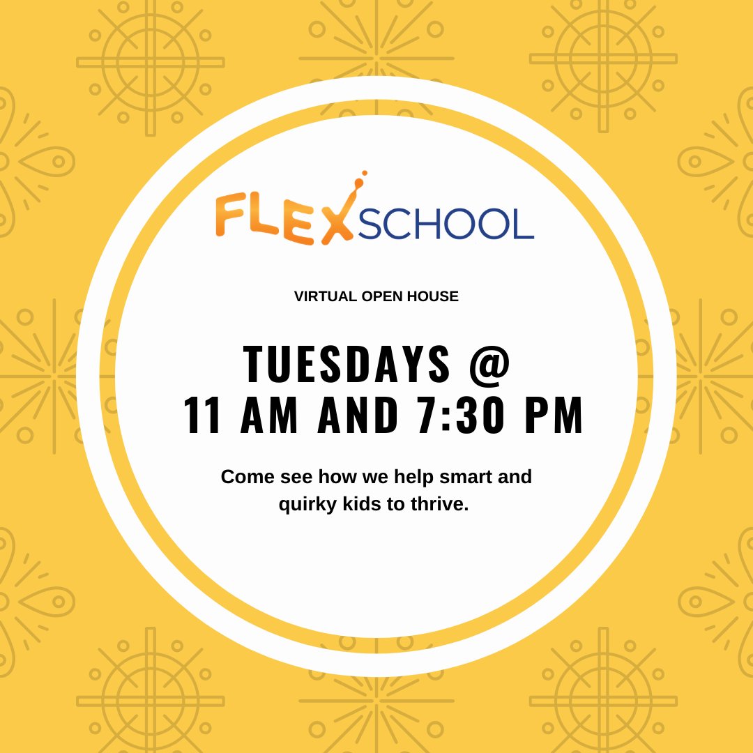 flex_school's tweet photo. You are invited to join us for one of our virtual information sessions. Tuesdays at 11AM and 7:30 PM #flexschool #2e #twice-exceptional #middleschool #highschool #education #gifteded #onlinelearning #cloudclassroom #flexstudent
https://t.co/VbgPMcqdRC https://t.co/wOGBpfVqXm