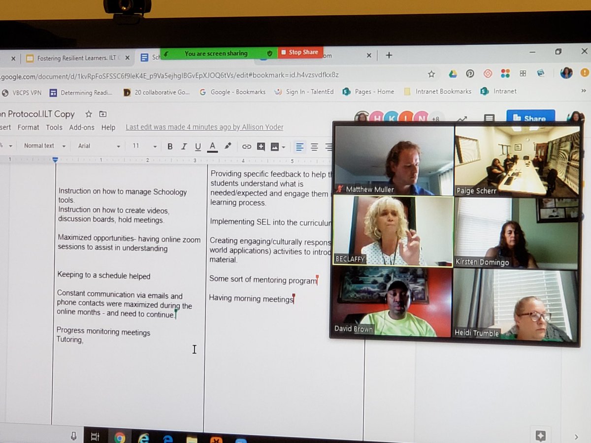 VBAggie93's tweet photo. Great ILT meeting today- started our book study with Fostering Resilient Learners and reflected on the virtual experience. Thankful for our Amazing ITS for helping navigate my first experience with breakout rooms. Great discussions. #HestherealMVP #LeadLearner #TakeRisks https://t.co/vwxpkkTkoo