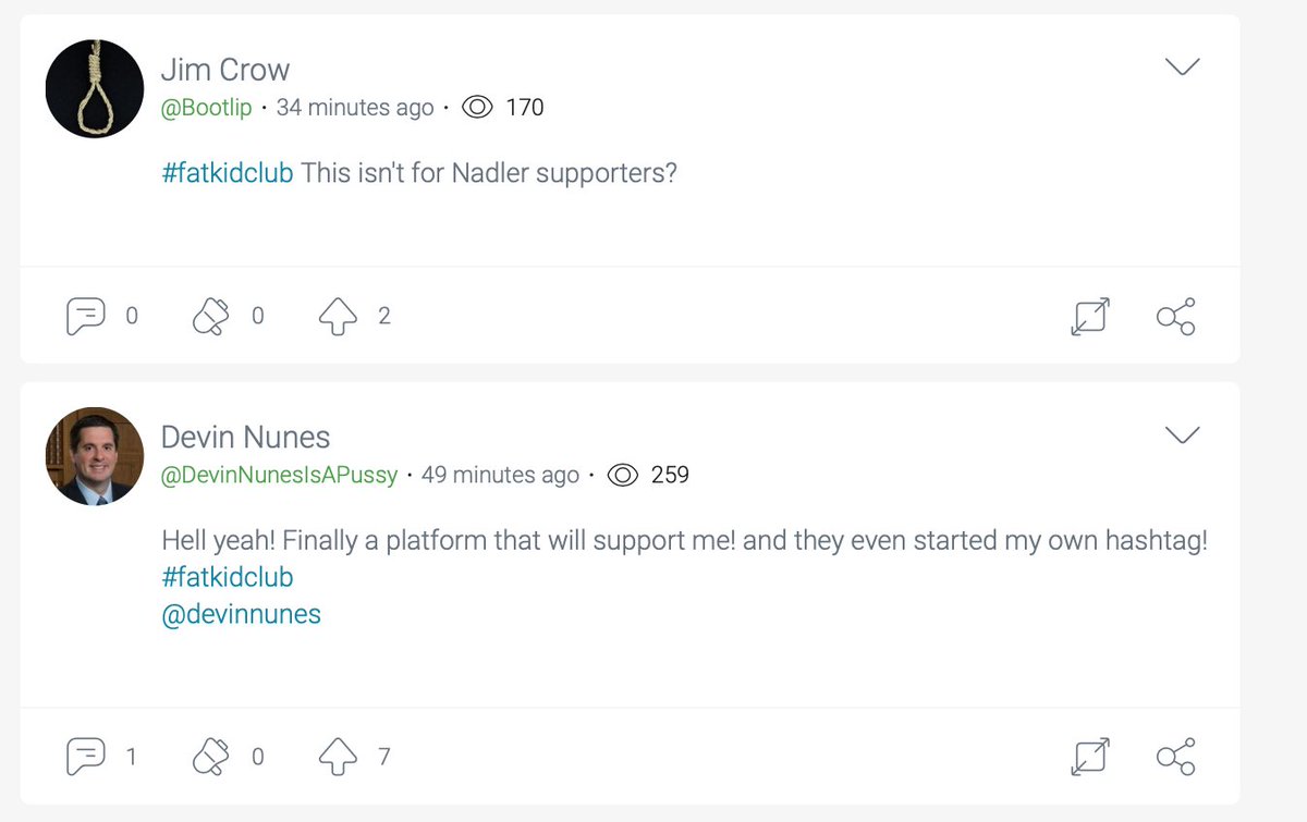 8/ Though I did find the first name I recognized in  #fatkidclub: US Rep Devin Nunes, who made a playful jape immediately following a member calling themselves Jim Crow and sporting a noose as an avatar. Free speech!