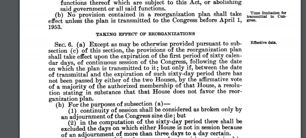 But there's something fishy about the Reorganization Act of 1949. How could the president have free reign to simply rearrange so-called independent agencies without any input from Congress!? Well there was actually some oversight.... reorg plans only take effect if: