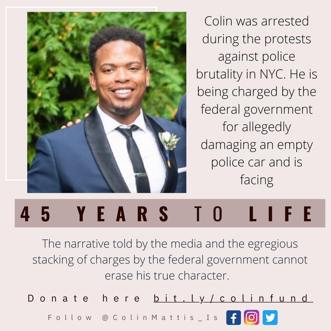 remeike's tweet photo. My friend Colin was arrested several weeks ago protesting against police brutality. He’s being charged by the federal government and is facing 45 years to life in prison. Please consider donating to help cover his legal expenses and support his family.

https://t.co/vFZjGN3sy4 https://t.co/nhpsK1ut0B