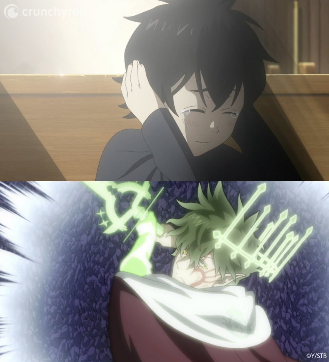 BlackClover_EN's tweet photo. Yuno cried while learning about the First Wizard King's story with Asta. 🥺 Many years later, he fought alongside his best friend and Lumiere to defeat the Devil. 📖🍀 https://t.co/DmQ2o3vWaZ