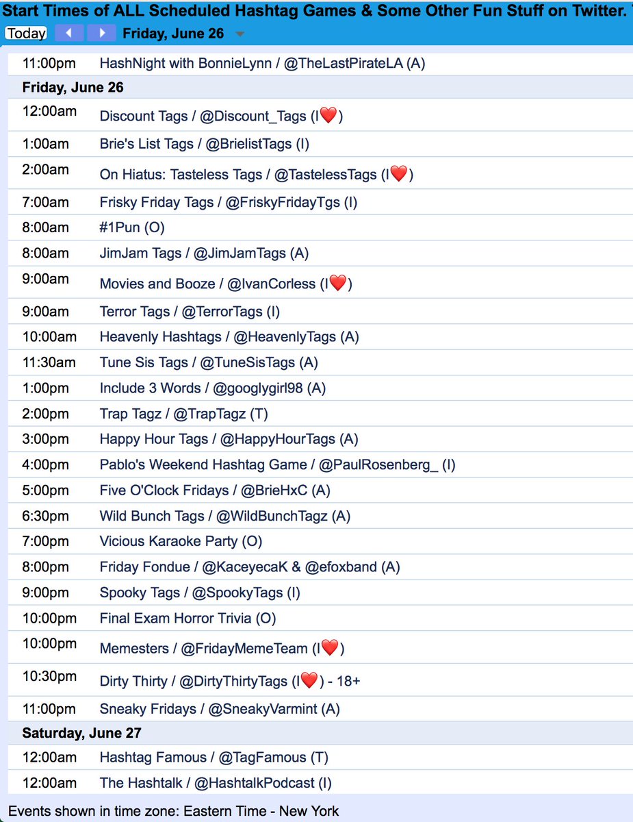 CalendarGirlBot's tweet image. Here are ALL the scheduled hashtag games for tonight and Friday -subject to cancellations/subs

Full courtesy calendar with any updates can be viewed at Bit.ly/CalendarGirlBot

Follow @CalendarGirlBot &amp;amp; @JustTheTags for pre-game &amp;amp; at-gametime reminders

#Play2gether