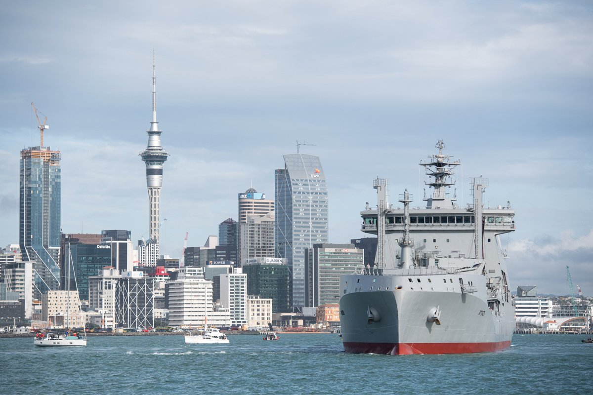 NZDefenceForce's tweet photo. Haere Mai Aotearoa - Welcome to New Zealand 🇳🇿 Our Royal New Zealand Navy's new fleet tanker and replenishment ship Aotearoa sailed into Auckland Harbour today following her 15 day journey from Ulsan, South Korea.

#Force4NZ #NZNavy https://t.co/sZQTdA8Uhe
