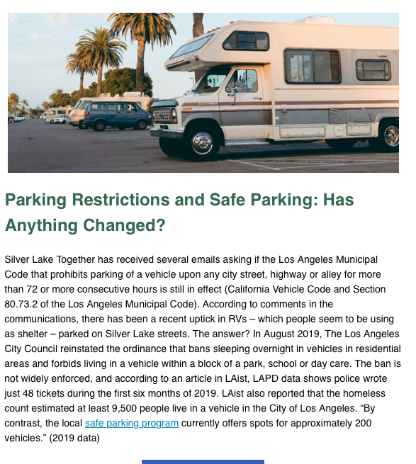 nusafestreets's tweet image. Silver Lake Together, a  so-called advocacy group,  just sent out a newsletter calling for police enforcement against people sleeping in their vehicles and for LAPD to patrol Silver Lake Blvd.  You can call them out on their racist actions here: silverlaketogether.com/copy-of-contact