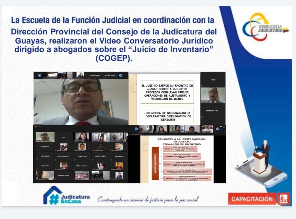 💻 #HOY | Gracias a la coordinación entre <a href="/GuayasCJ/">Guayas CJ</a> y la @EscuelaCJEc, profesionales del Derecho, participaron a través de videoconferencia de un conversatorio jurídico sobre el "Juicio de Inventario" con el #COGEP. ⤵️