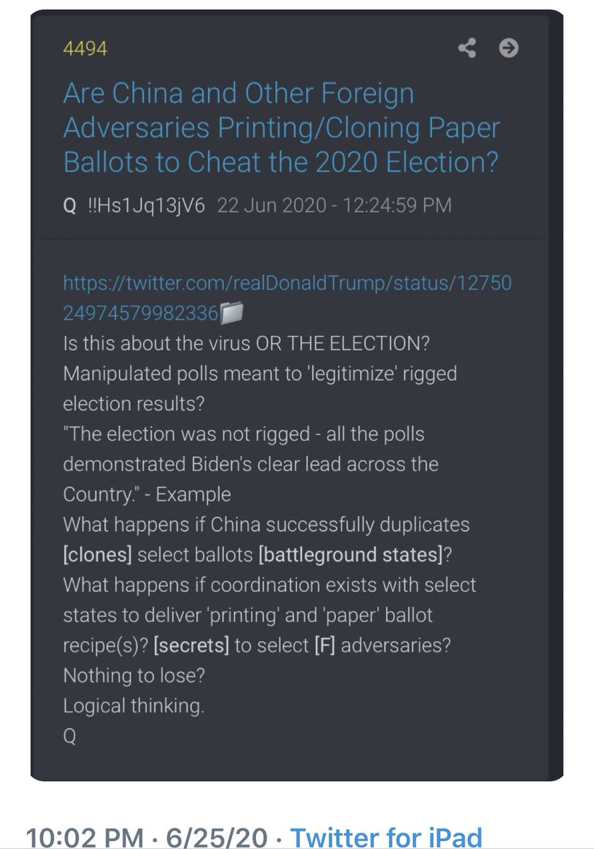 4524   https://twitter.com/Tdawg0925/status/1276334965492416513Good catch.Coincidence? Important people understand for future events.Assumption or intel based?All assets [F][D] deployed.[D] + China = 11.3Q