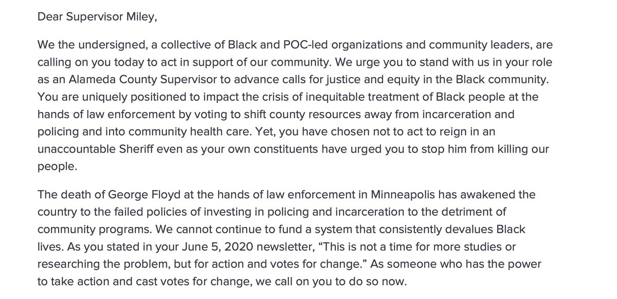 "There have been at least 47 in-custody deaths in Santa Rita Jail... the <a href="/ACSOSheriffs/">Alameda County Sheriff</a> remain unaccountable. You have repeatedly failed to hold the Sheriff’s Dept answerable for their crimes..." 40 BIPOC orgs urge <a href="/Nate_Miley/">Alameda County Supervisor Nate Miley, District 4</a> to support #BlackLivesMatter  
j.mp/3i2GpfR