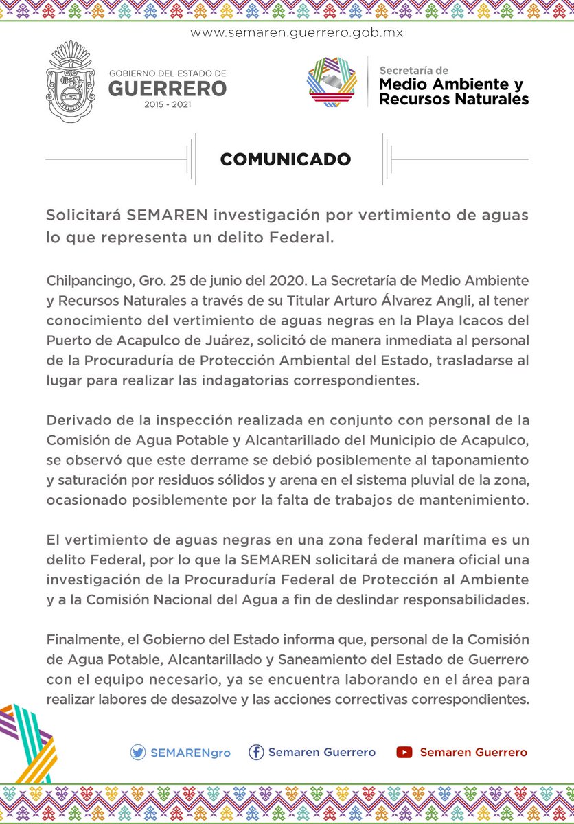 SEMARENgro's tweet photo. ⚠️Atento comunicado⚠️
Solicitaremos investigación por vertimiento de aguas negras a la bahía de #Acapulco por ser un delito Federal https://t.co/uRBlX1VKlq