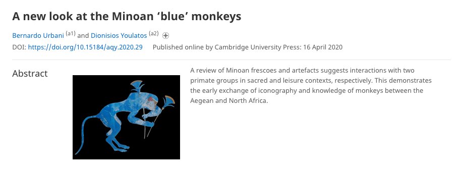 ancient blue update. they published a new paper where they figure out what LindyMan told you years ago. That blue is the color of the sacred in the ancient world (and today). The blue minoan monkeys in Knossos resemble the blue monkeys in Egypt https://en.wikipedia.org/wiki/Babi_(mythology)