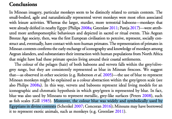 ancient blue update. they published a new paper where they figure out what LindyMan told you years ago. That blue is the color of the sacred in the ancient world (and today). The blue minoan monkeys in Knossos resemble the blue monkeys in Egypt https://en.wikipedia.org/wiki/Babi_(mythology)