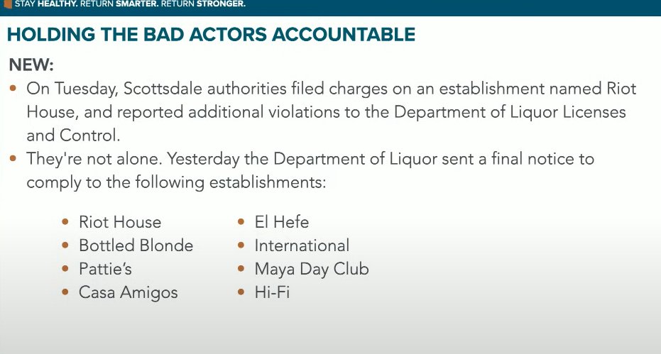 Ducey: Guidance last week increased measures for businesses to take, gave local LE ability to enforce.Tuesday, Scottsdale filed charges against Riot House. Yesterday, Liquor Dept issued final warnings to these establishments