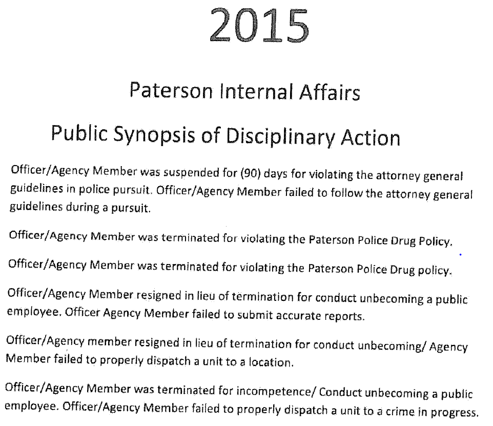 2015 was the most recent report I could get for Paterson. I wonder how many "resigned in lieu of termination" cops went to other agencies. This kinda undermines Paterson PBA's argument that major discipline is nothing more than "uniform violations," "equipment loss," etc