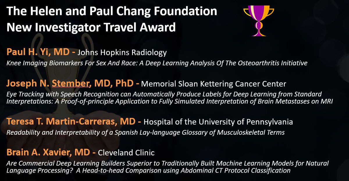 SIIM_Tweets's tweet photo. Congratulations on winning The Helen and Paul Chang Foundation New Investigator Travel Award! 
-Paul H. Yi, MD 
-Joseph N. Stember, MD, PhD
-Teresa T. Martin-Carreras, MD 
- Brain A. Xavier, MD 
#SIIM20 https://t.co/PWIDrTAcbq