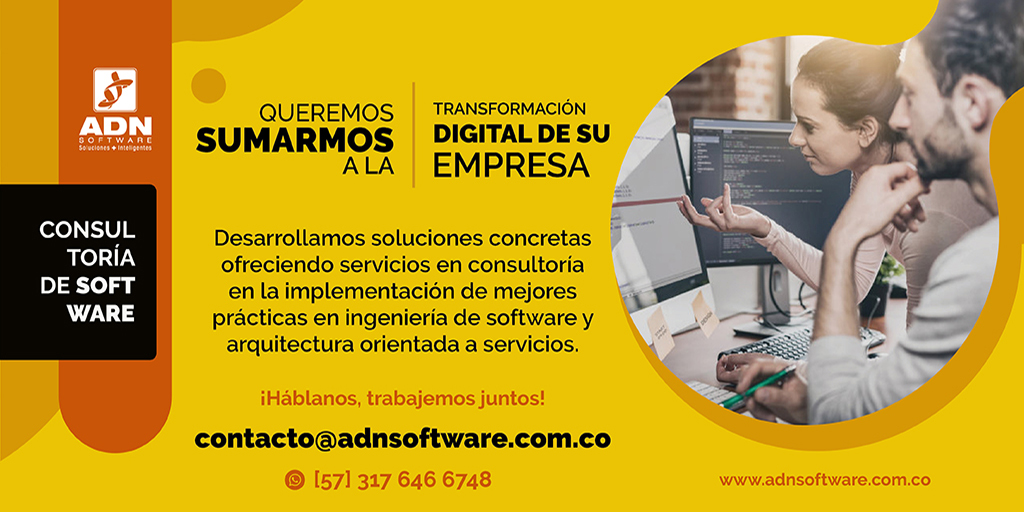 ADNSoftwareCo's tweet image. Queremos sumarmos a la transformación digital de su empresa - Consultoría de Software. #TransformacionDigital #ConsultoriaSoftware #ArquitecturaSoftware #ADNsoftware #QuedateEnCasa - adnsoftware.com.co