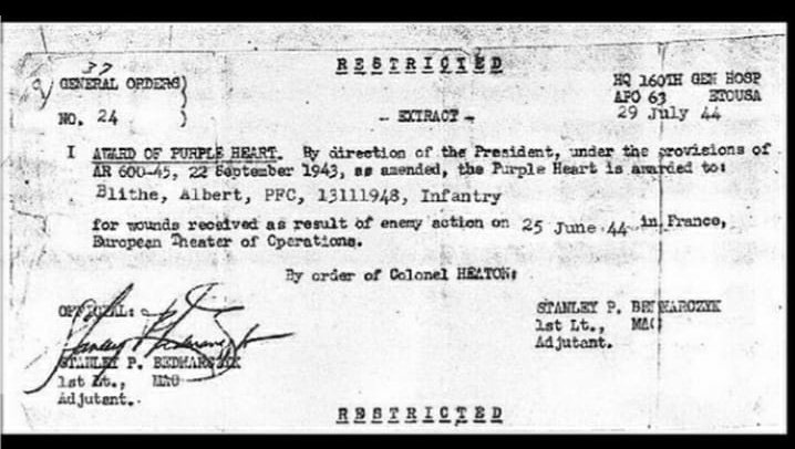 Pictured is the citation for Blithe's Purple Heart Medal due to his wounds sustained on June 25. What a 21st birthday present!Currahee, Alby 10/