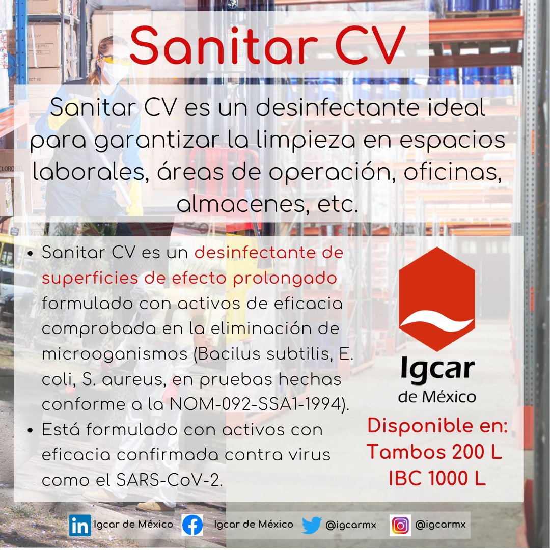 igcarmx's tweet photo. Atendiendo las necesidades actuales del mercado en Igcar de México hemos puesto manos a la obra para desarrollar y ofrecer a nuestros clientes un desinfectante de superficies llamado Sanitar CV con excelente desempeño y muy cómodo y sencillo para aplicar.

#covid19 #igcar https://t.co/s2rTbMkw1k