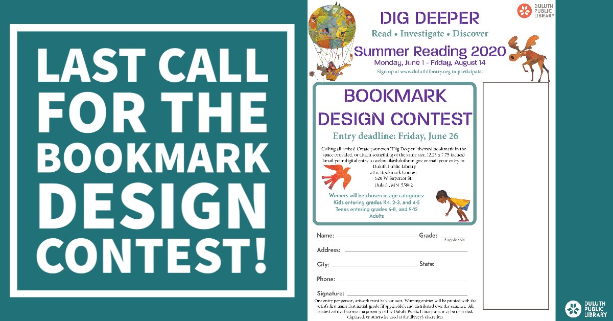Duluth Public Library Get Your Entries In For The Bookmark Design Contest The Deadline Has Been Extended To Monday June 29 The Entry Form Can Be Found Here T Co 41cn0qt7pt T Co Rcldftouzo
