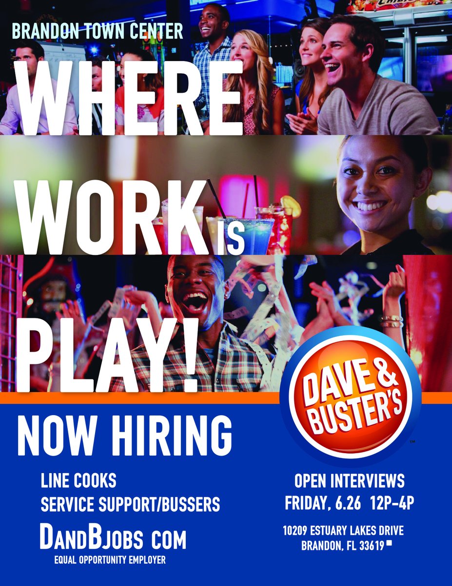 Meagfrancisco's tweet photo. Hiring Event @DaveandBusters in Tampa, FL Tomorrow!
12pm4pm #nowhiring #werunthefun #tampajobs https://t.co/RT9LdVYbgC