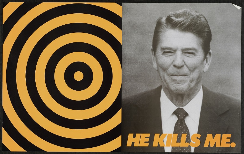 In 1987, President Reagan finally declared AIDS “public health enemy number one.” By that time, Americans had been fighting AIDS for half a decade. : A poster criticizing Reagan's silence from that year.