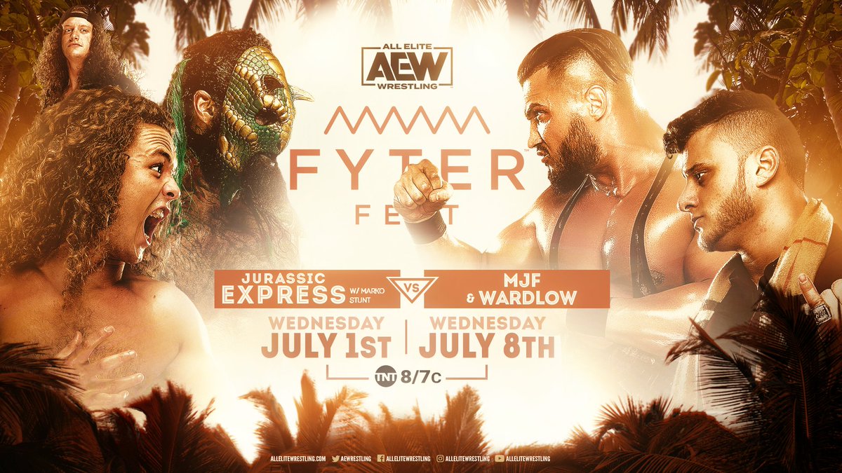 Tension is at an all-time high between both camps, & at #FyterFest, they will finally collide, it will be #JurassicExpress vs. @RealWardlow & @The_MJF! Watch night one of #FyterFest for FREE on Wednesday, July 1st at 8e7c on @TNTDrama.