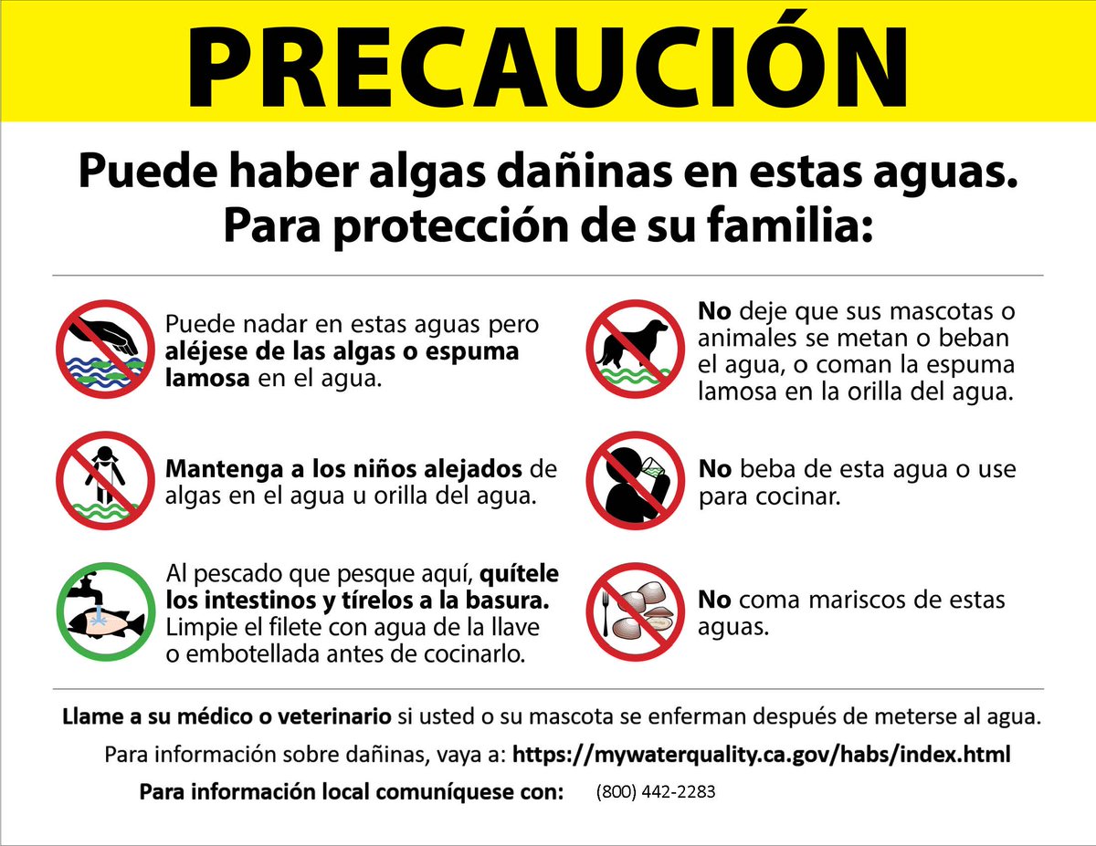 ATECION:  Las pruebas recientes del agua del lago en Cucamonga-Guasti Parque Regional han mostrado bajos niveles de Cianobacterias.  La pesca es segura y permancecera abierta, sin embargo, tenga cuidado al seguir las siguientes reglas.